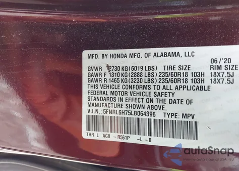 2020 Honda Odyssey Ex-L/Ex-L W/Navi Res z USA, uszkodzony, nr VIN 5FNRL6H75LB064396